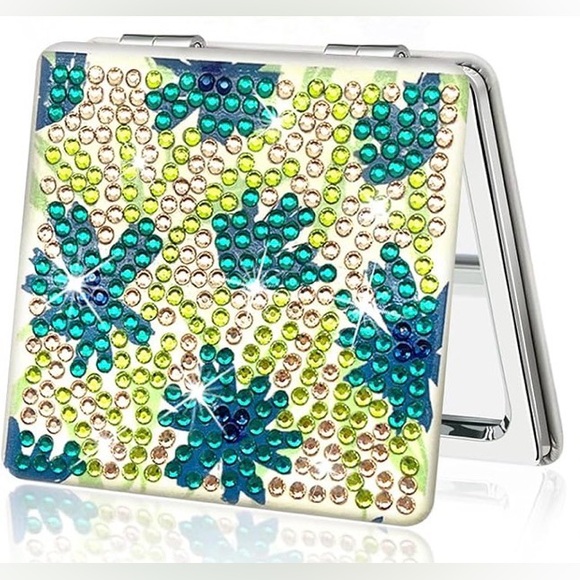 Accessories - Diamond Art Floral Compact Mirror, Double-Sided, Sparkly (BLUE, GREEN)